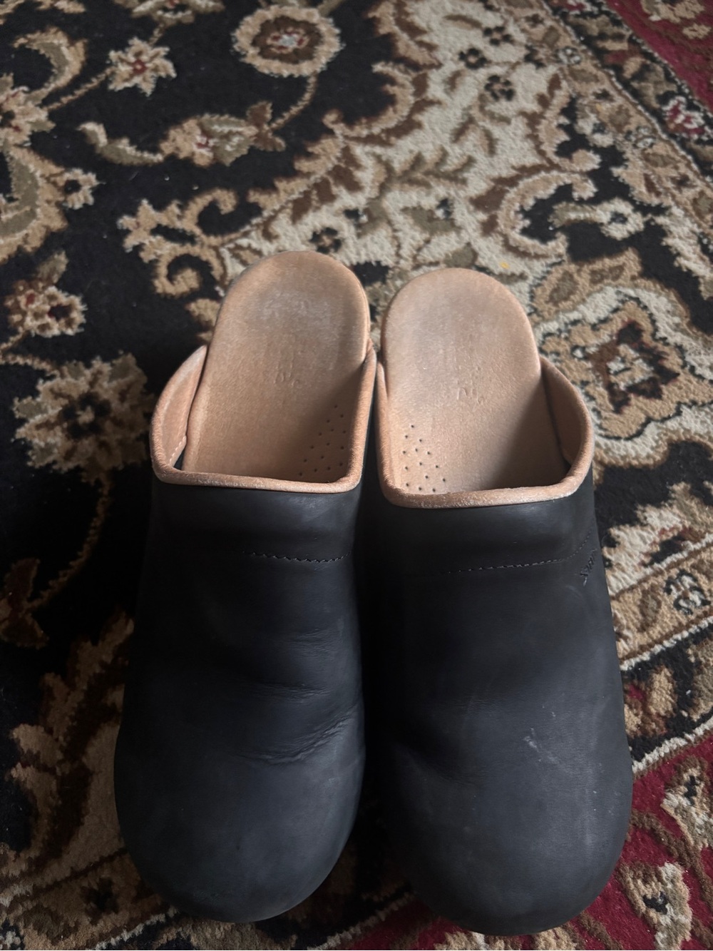 Sanita Black Leather Mules with Tan Interior